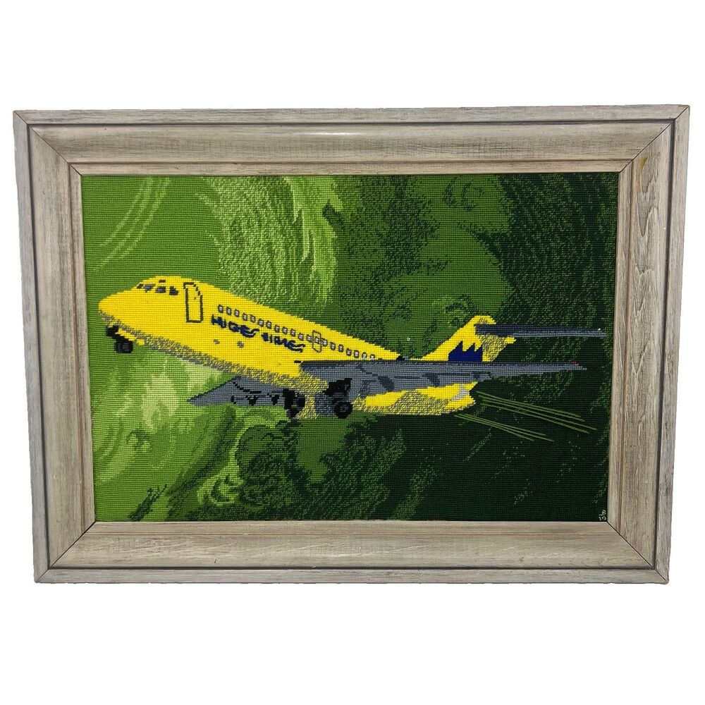 Vtg Spirit Airlines Green Yellow Cross Stitch Needlepoint Framed Decor 22x16”